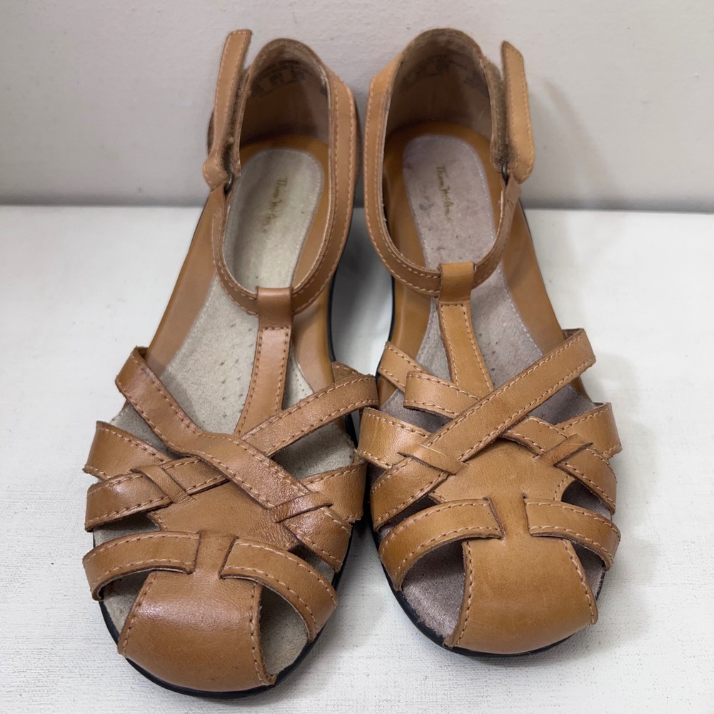 Thom McAn Debbie Tan Leather Fisherman Wedge Sandals Open Toe 8.5W Wide Strap